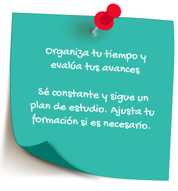 Organiza tu tiempo y evalúa tus avances. Sé constante y sigue un plan de estudio. Ajusta tu formación si es necesario.